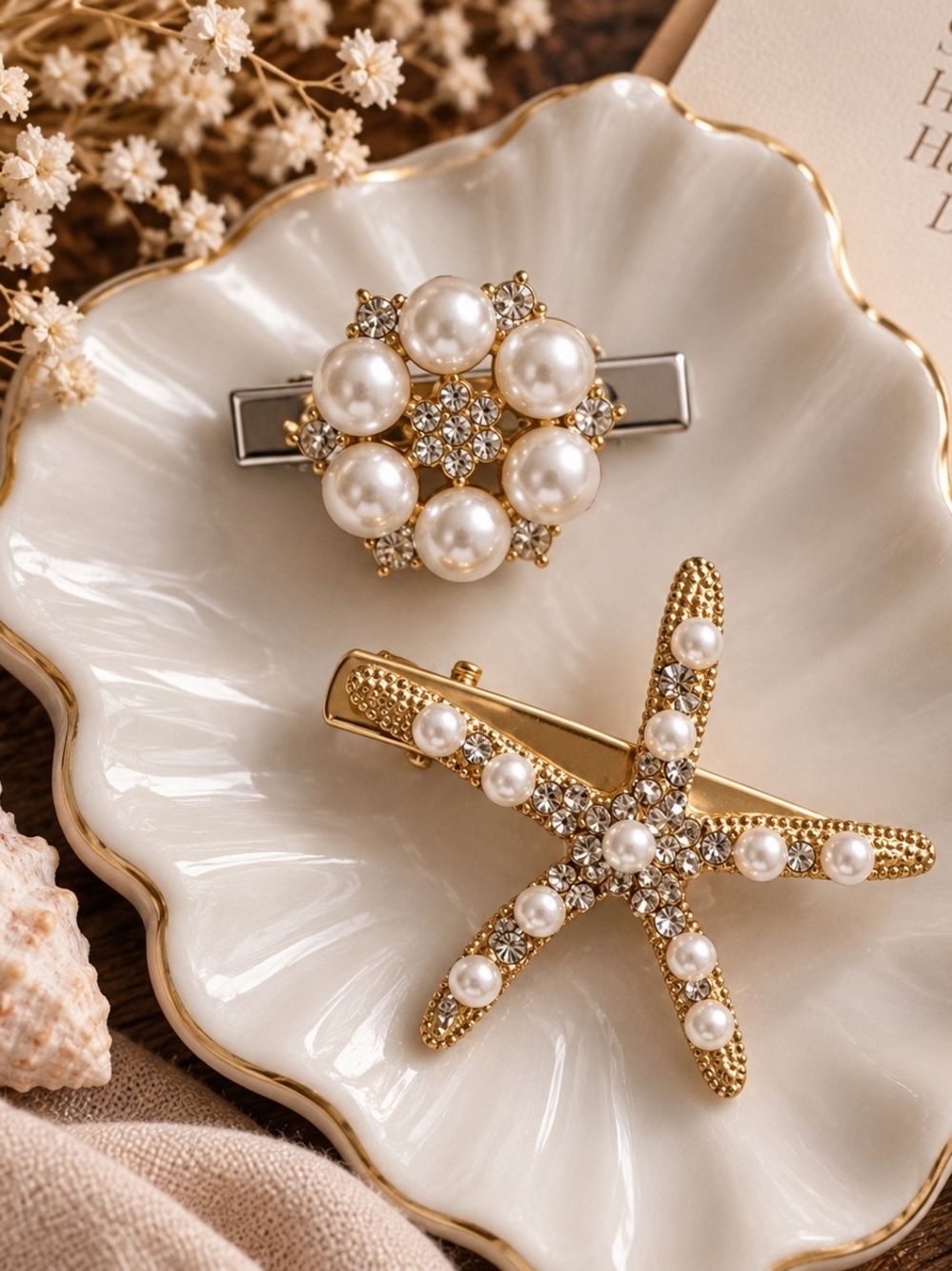 Vintage Antique Gold Pearl & Crystal Starfish Hair Clip Barrettes New Set of 2